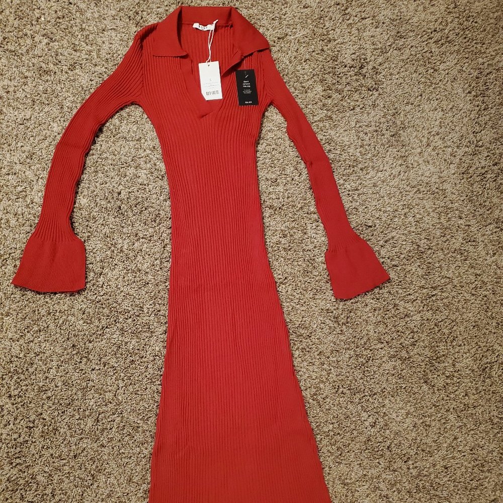 NA-KD brand rib knitted trumpet sleeve bodycon dress.